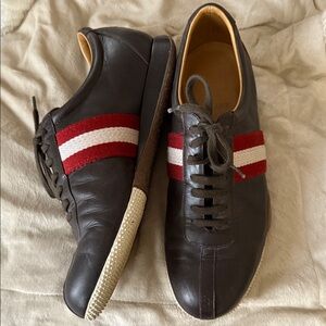 Bally Brown Leather Sneakers with Red Stripes